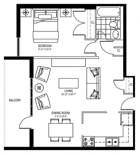 Floor plan for 1 bed, 1 bath, 639 sqft